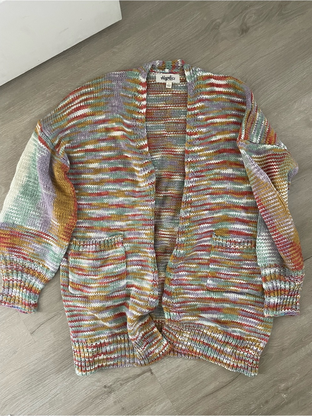 Haptics Multicolor Open-Front Knit Bubble Sleeve Cardigan - Pastel Stripe